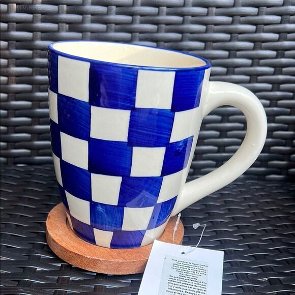 Blue and White Checkered Mug with Wooden Coaster - Picture 2 of 11